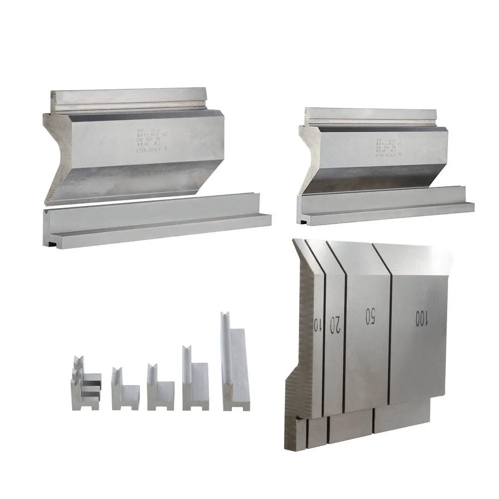 Diagram showing key press brake tooling selection inputs: material thickness, bend angle, V-opening, and punch tip radius