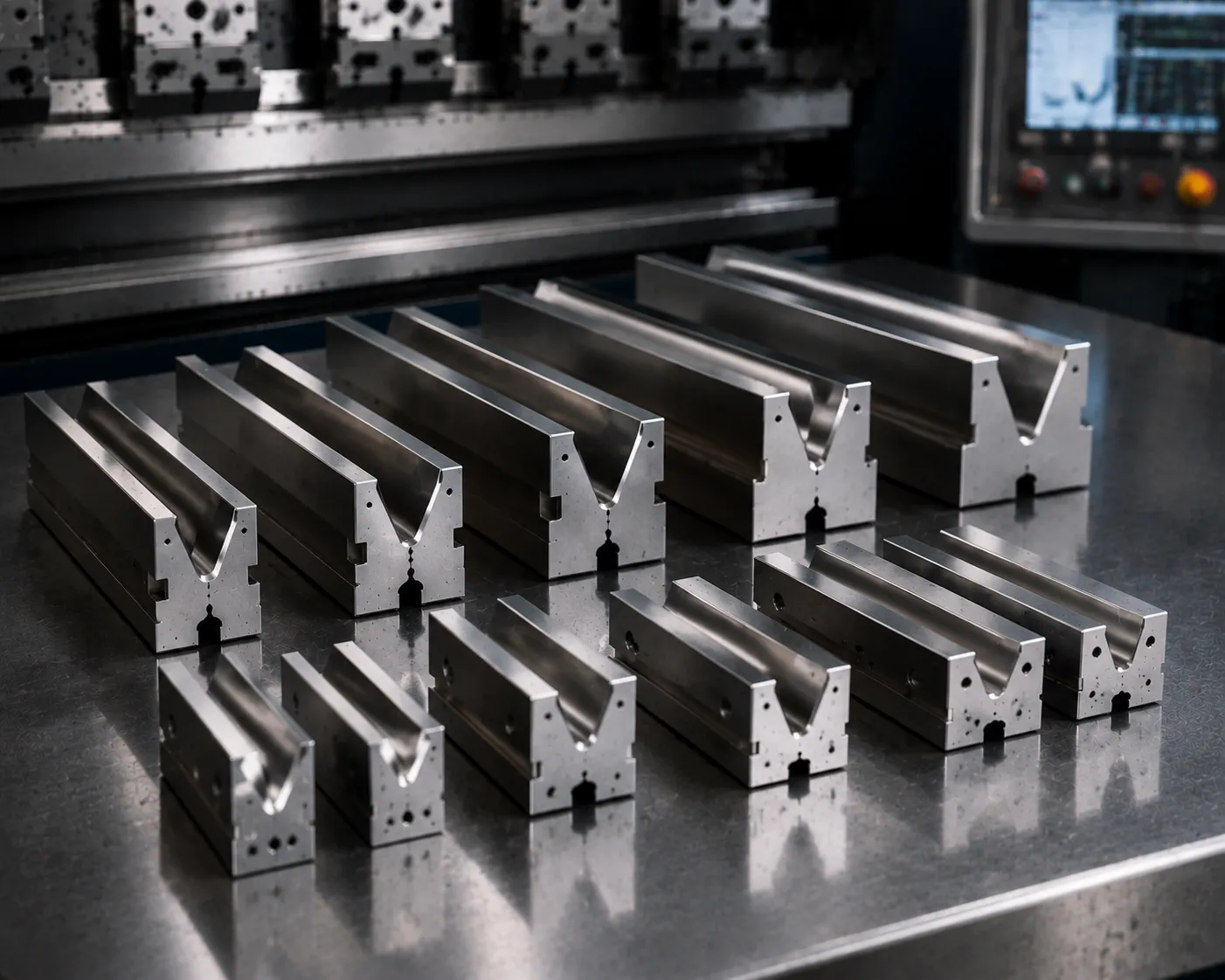 V-die bottom tooling engineered to reduce press marks and springback