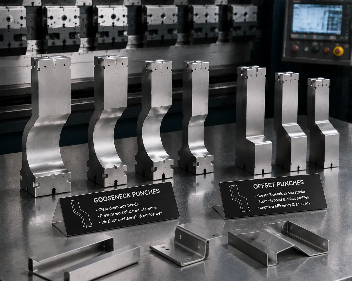 Gooseneck punch designed for complex geometries and narrow bends