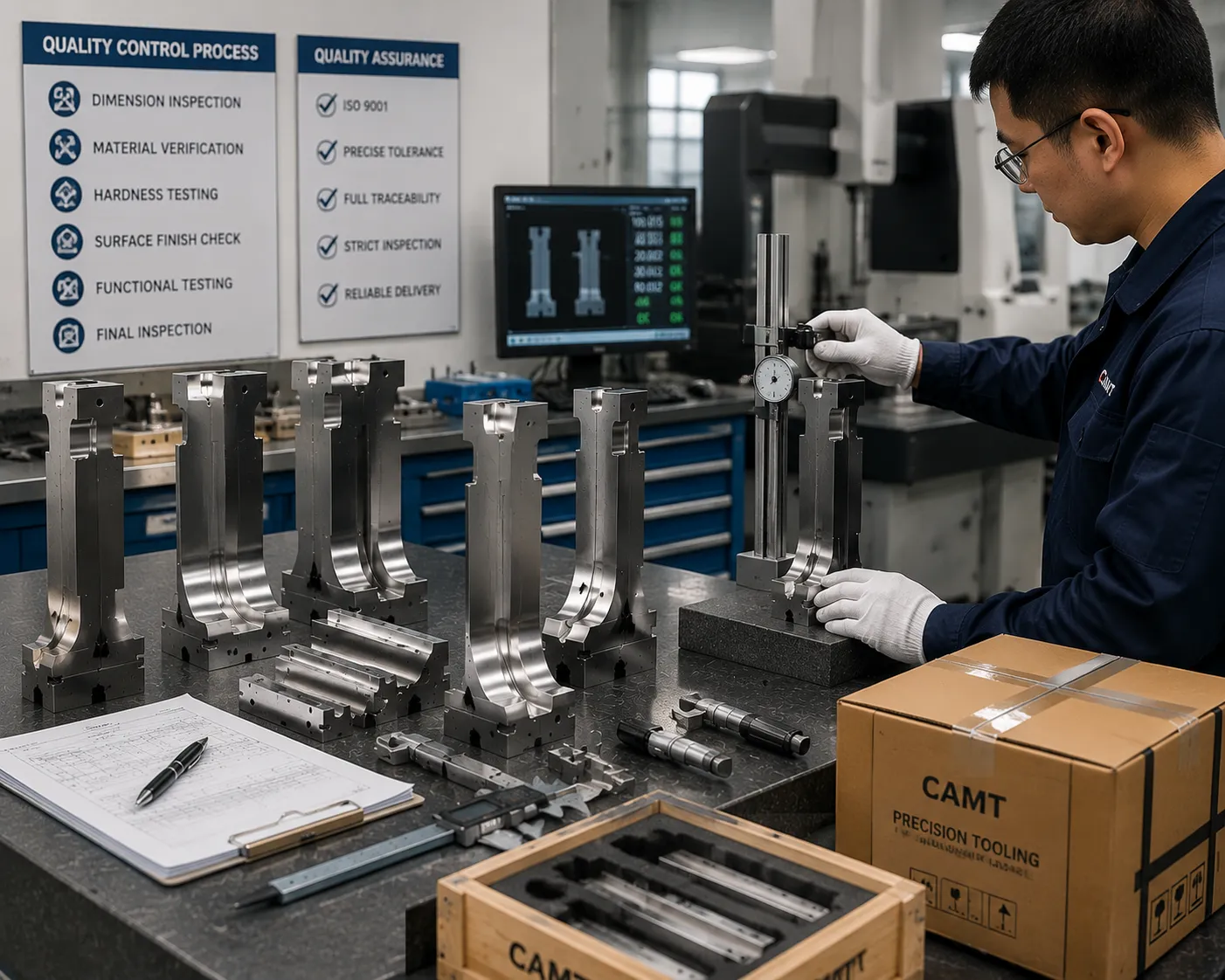 CAMT quality control technicians conducting dimensional tooling inspection with precision equipment