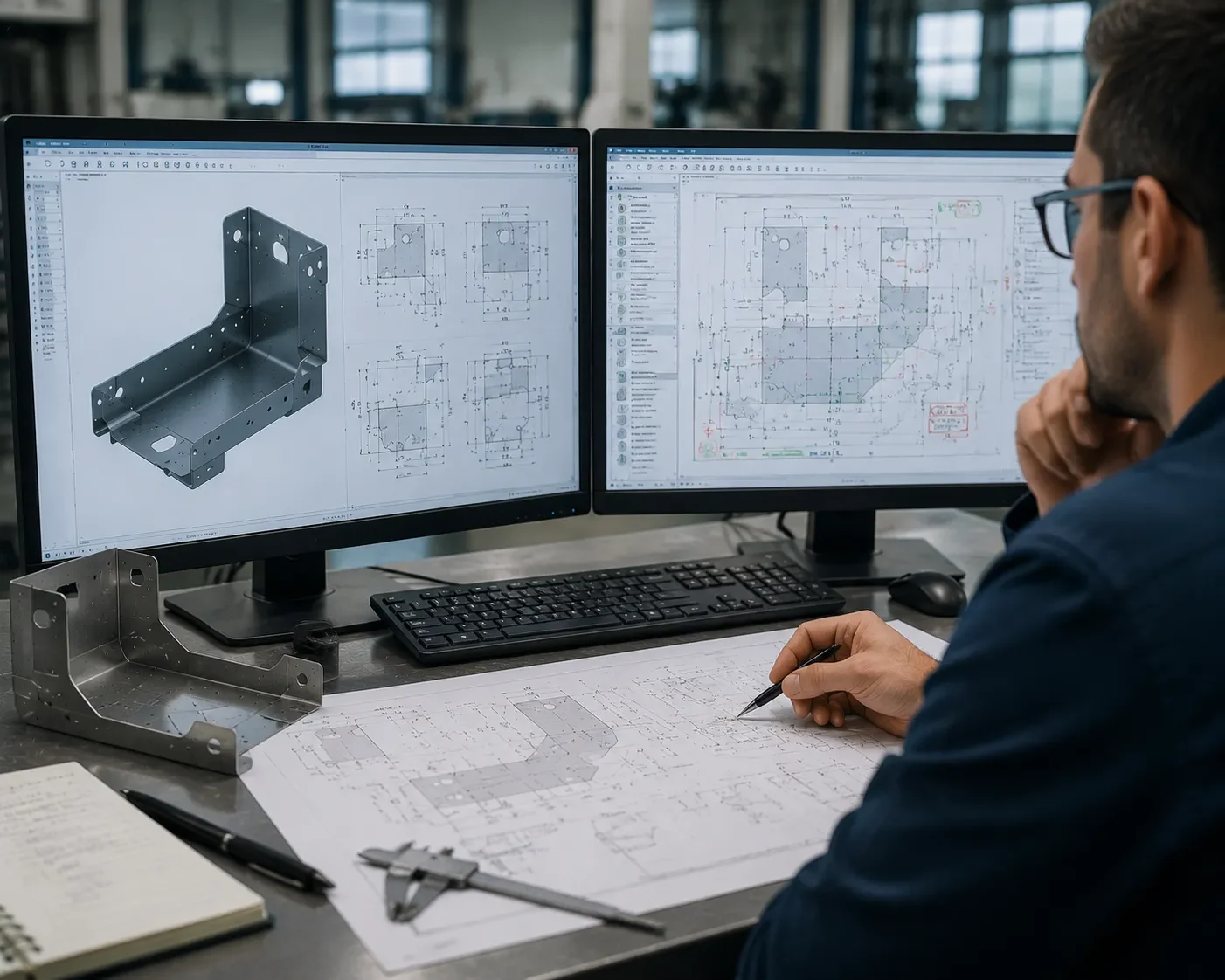CAMT engineering team reviewing sheet metal bend drawings and DFM recommendations