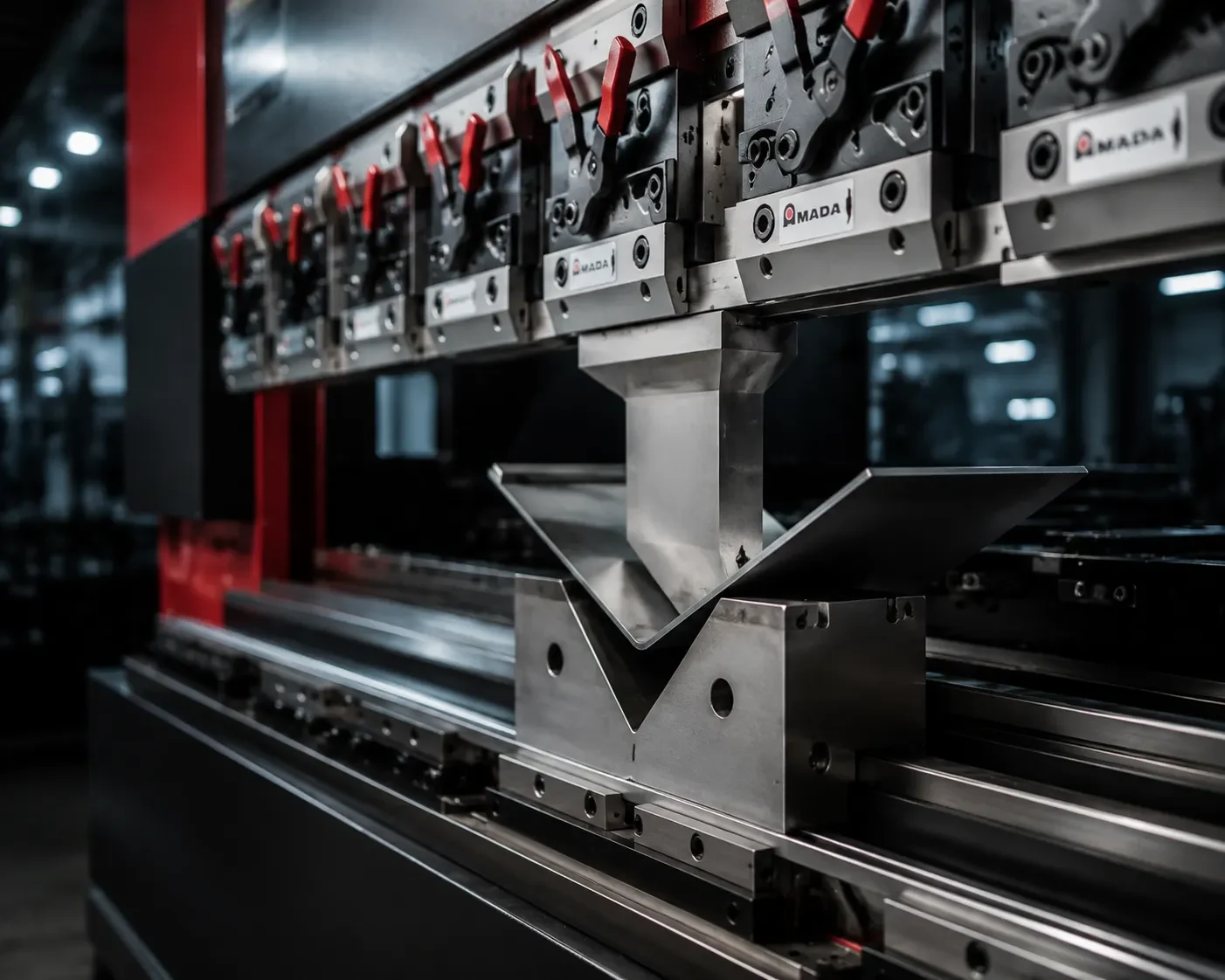 CAMT precision AMADA tooling installed in a CNC press brake for sheet metal fabrication
