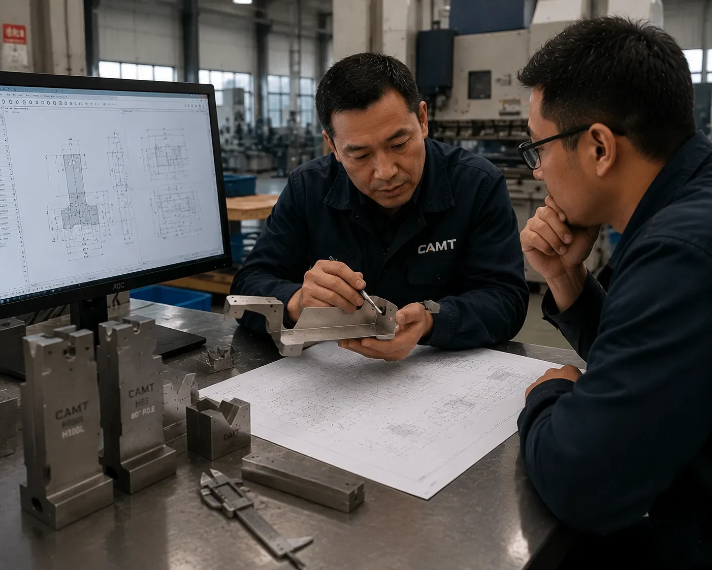 CAMT technical support engineer reviewing press brake tooling setup and bending parameters