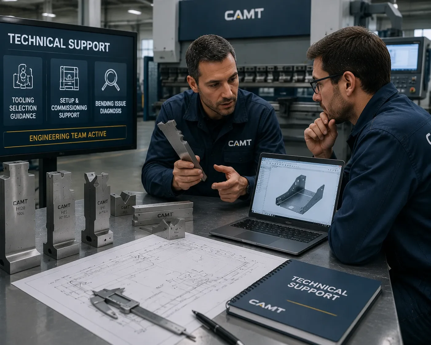 CAMT technical support team assisting with bending tooling setup