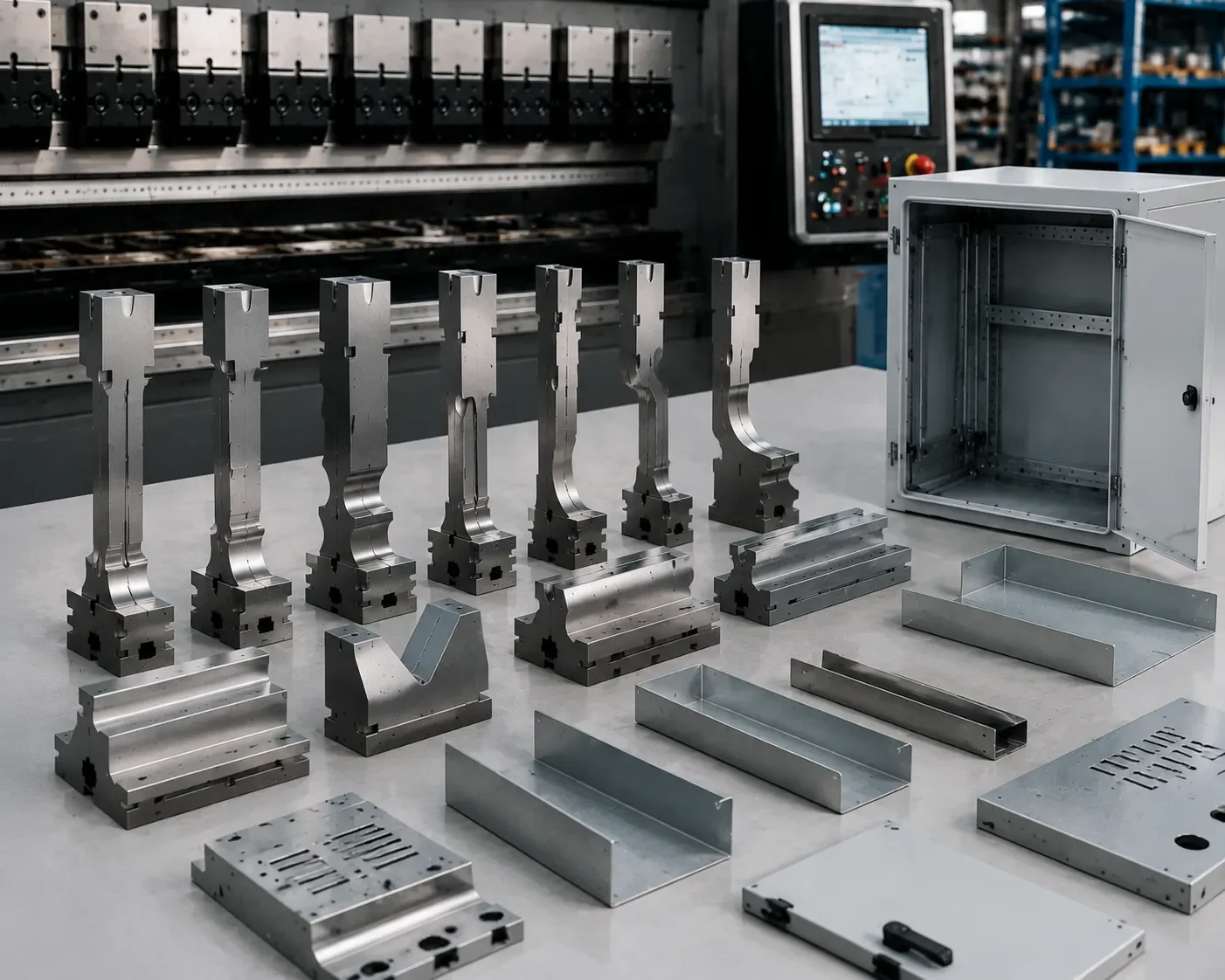 Custom press brake tooling engineered for electrical cabinet manufacturing