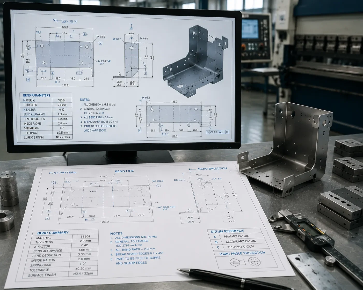 Engineering drawing after CAMT optimization &mdash; fully annotated flat pattern and bend parameters