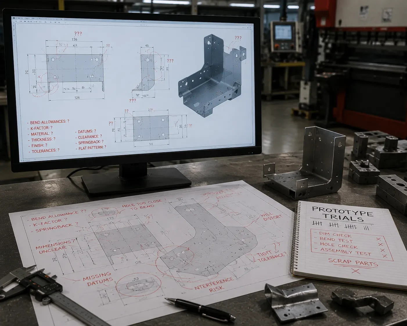 Engineering drawing before CAMT optimization &mdash; ambiguous bend dimensions and missing allowance data