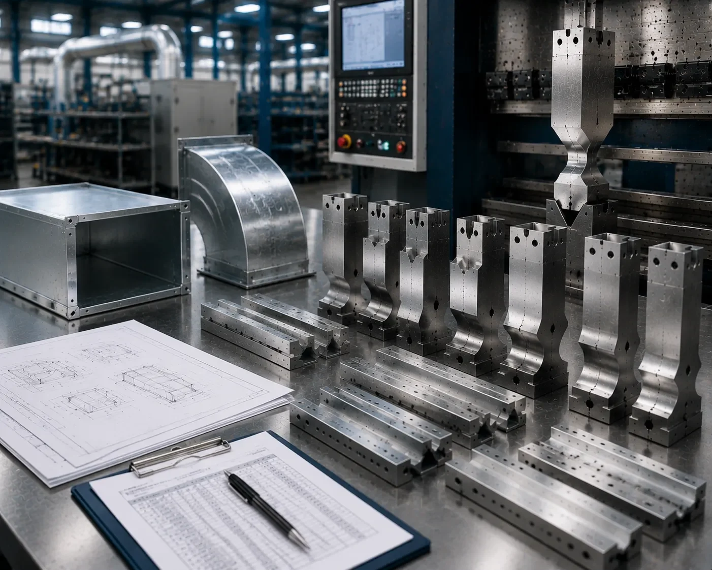 HVAC press brake tooling profile diagram showing clearance and bend radius calculation
