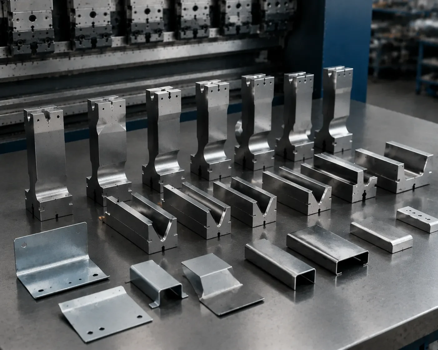 Press brake tooling selection guide showing punch and die configurations for various materials and thicknesses